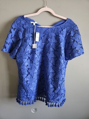 Talbots Royal Blue Floral Lace Tassel-Hem Blouse RSVP